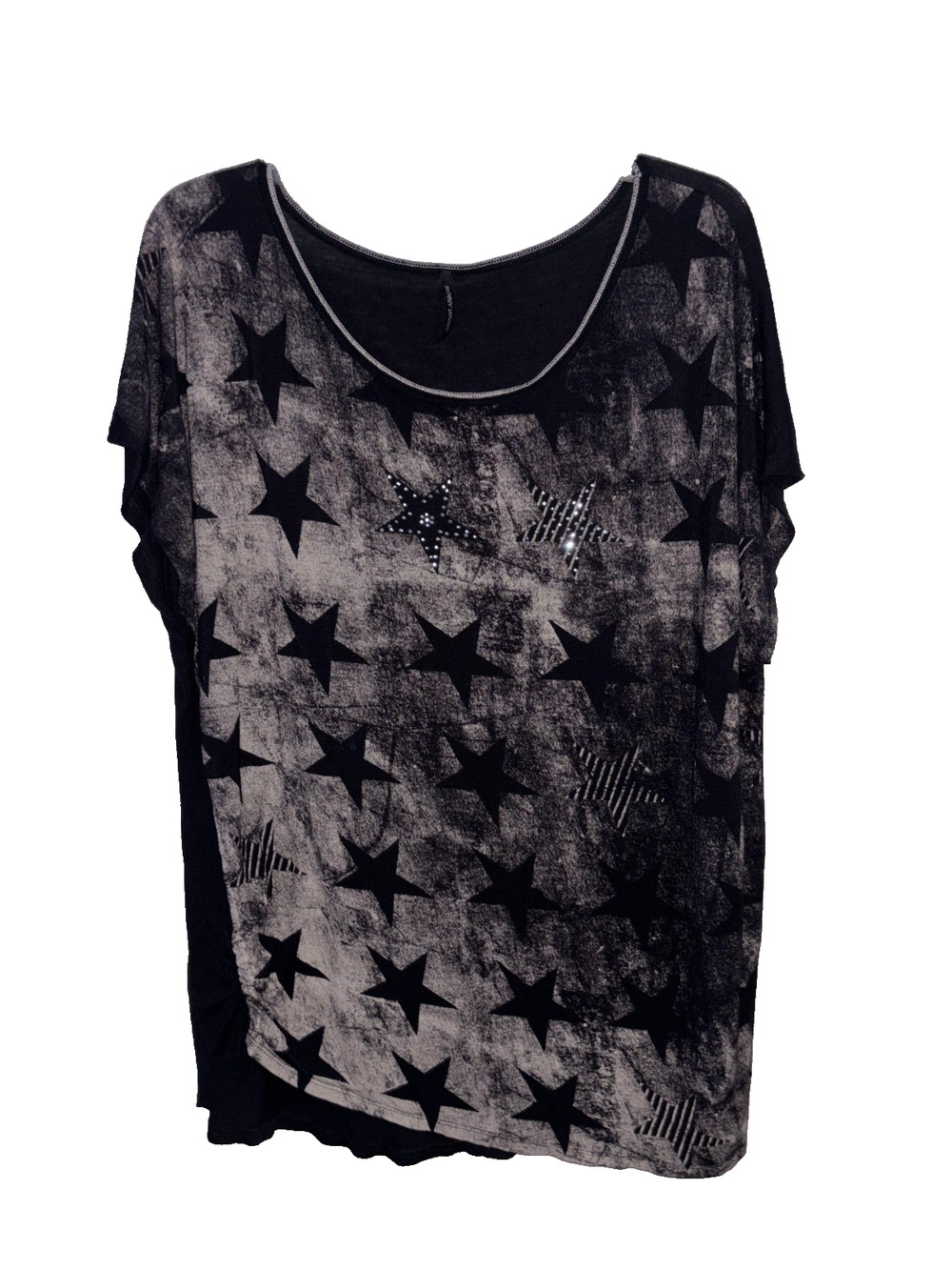 Skinny Minnie Star Graphic Top Blouse Women 3X Black Sequin Burnout Dolman